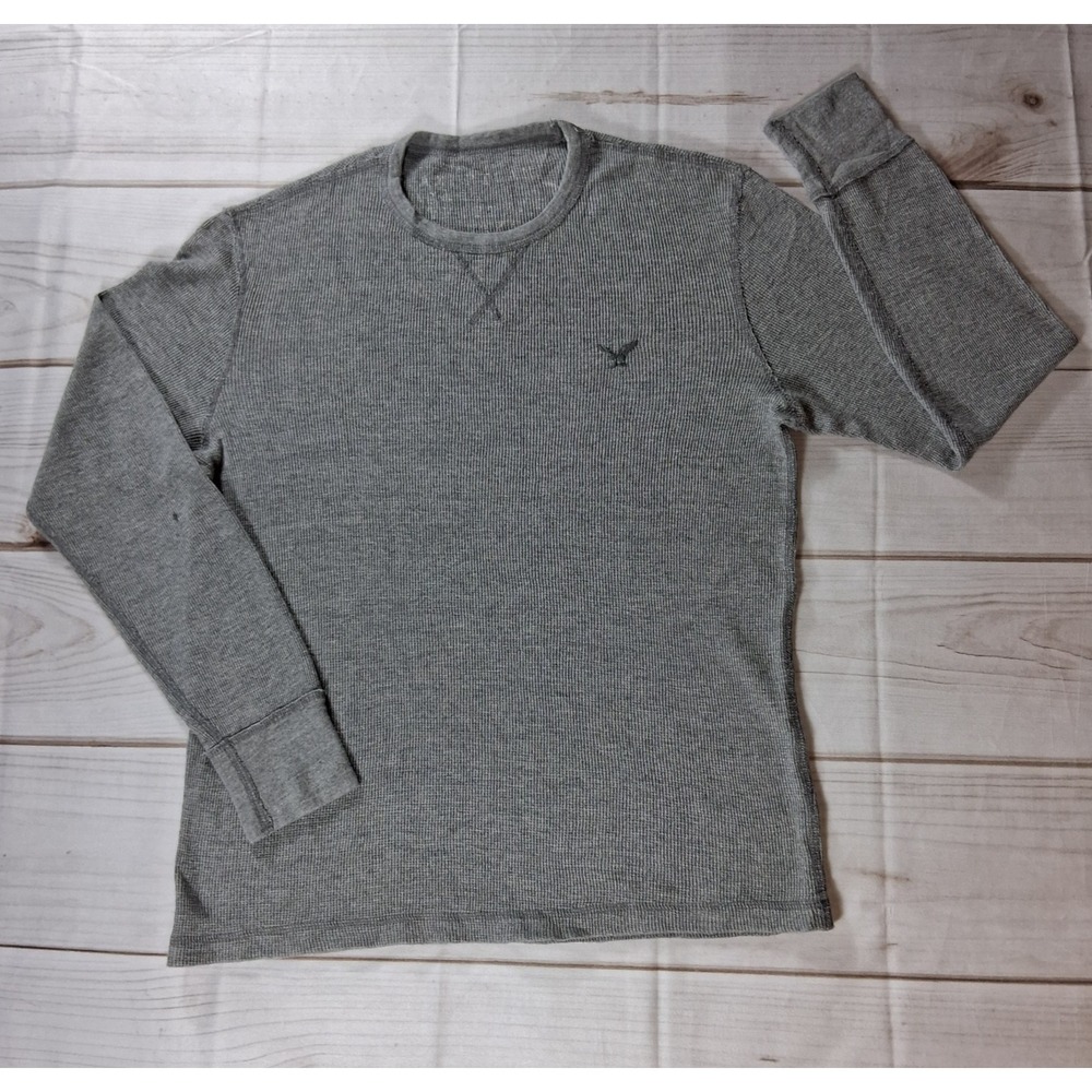 American Eagle Mens Sz L Gray Waffle Knit Thermal Long Sleeve Shirt Eagle Logo